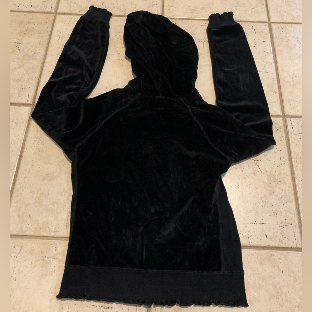 Y2K Black Velour Zip-Up Cropped Hoodie | Ruffle Trim S/P - Picture 3 of 7